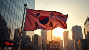 South Korean flag flying over Seoul financial district as KOSPI rises on AI chip export growth