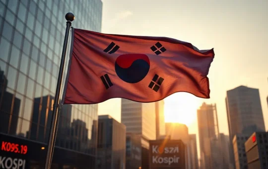 South Korean flag flying over Seoul financial district as KOSPI rises on AI chip export growth