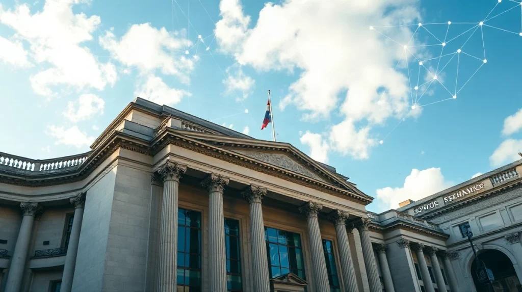 London Stock Exchange building with digital blockchain overlay representing tokenized stocks