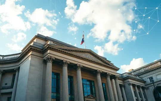 London Stock Exchange building with digital blockchain overlay representing tokenized stocks