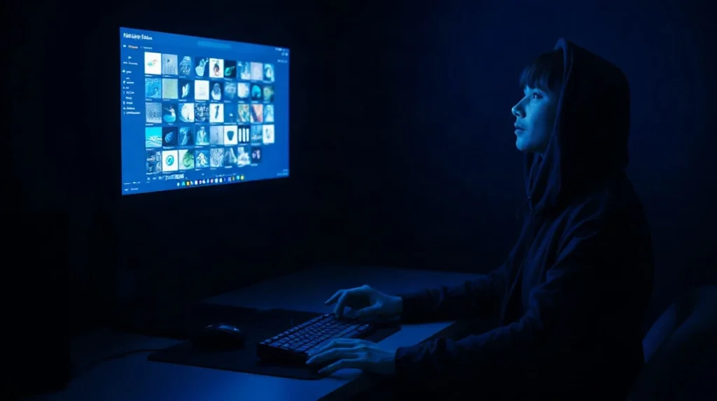 Person at a dimly lit desk checking NFT wallet approvals on two computer monitors