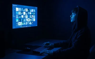 Person at a dimly lit desk checking NFT wallet approvals on two computer monitors