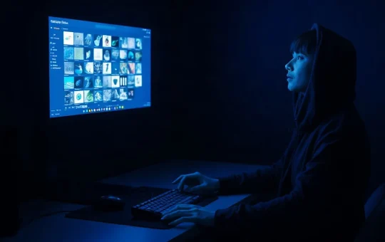 Person at a dimly lit desk checking NFT wallet approvals on two computer monitors