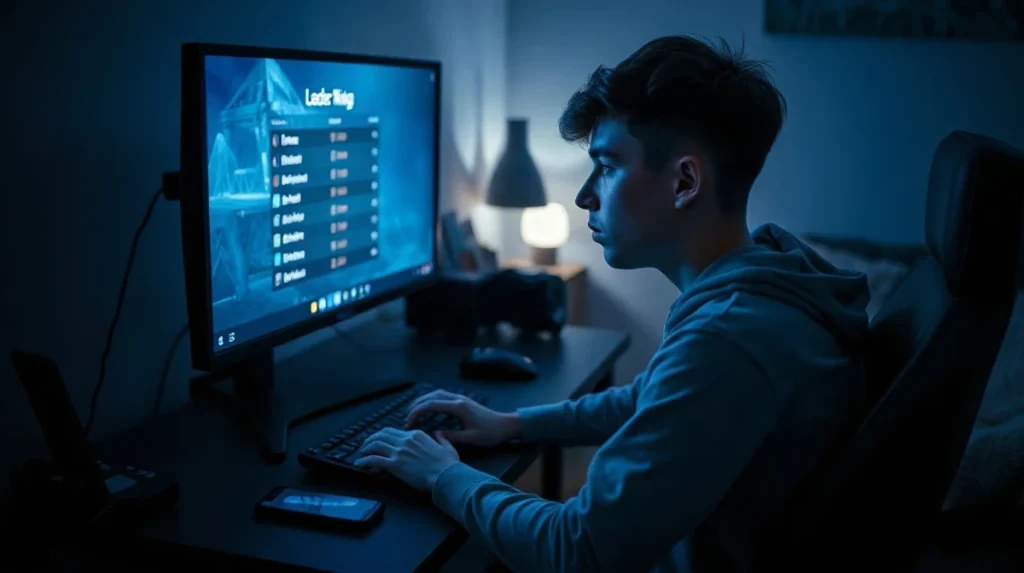 A player at a monitor and smartphone using a Web3 gaming platform with a leaderboard display