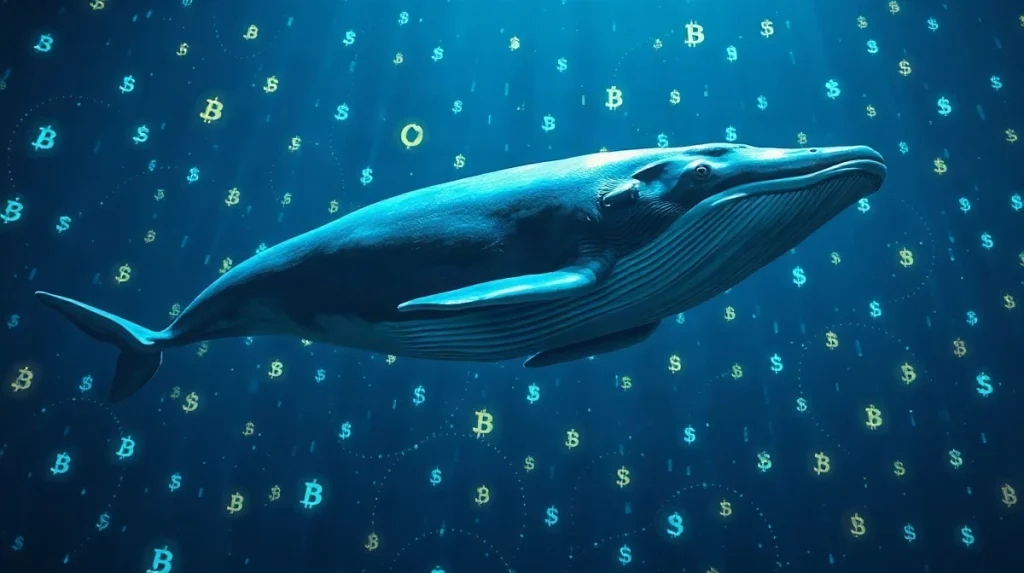 A blue whale swimming through a digital blockchain ocean with crypto symbols, representing Morpho whale accumulation.