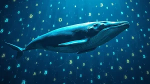 A blue whale swimming through a digital blockchain ocean with crypto symbols, representing Morpho whale accumulation.