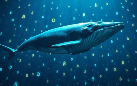 A blue whale swimming through a digital blockchain ocean with crypto symbols, representing Morpho whale accumulation.