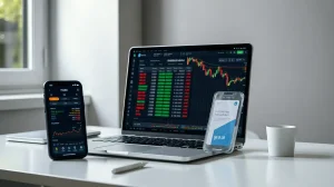 Laptop showing tokenized stock listings beside a smartphone with a crypto wallet, illustrating NEAR's Ondo integration