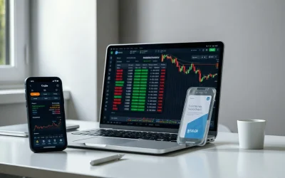Laptop showing tokenized stock listings beside a smartphone with a crypto wallet, illustrating NEAR's Ondo integration