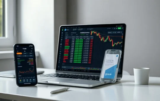 Laptop showing tokenized stock listings beside a smartphone with a crypto wallet, illustrating NEAR's Ondo integration
