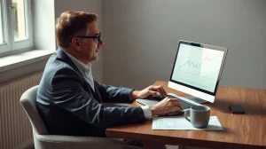 Affluent investor reviewing a crypto portfolio chart on a laptop in a home office