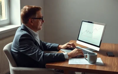 Affluent investor reviewing a crypto portfolio chart on a laptop in a home office