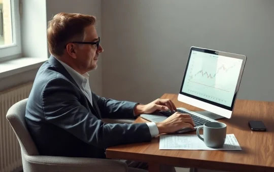 Affluent investor reviewing a crypto portfolio chart on a laptop in a home office