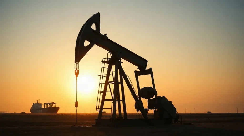 Oil pump jack silhouetted at sunset with a tanker ship in the distance