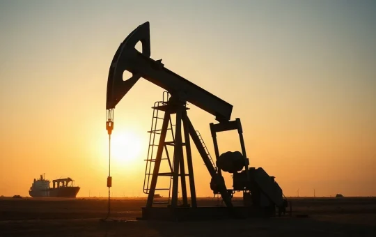 Oil pump jack silhouetted at sunset with a tanker ship in the distance