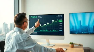 Financial analyst pointing at ONDO price chart showing green rally and whale wallet activity