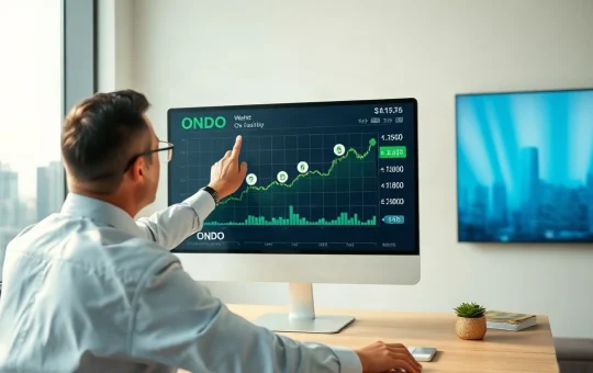 Financial analyst pointing at ONDO price chart showing green rally and whale wallet activity
