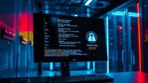 Computer screen showing code with a security warning in a server room, representing an AI agent hijacking a website.
