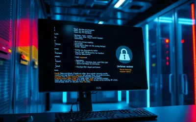 Computer screen showing code with a security warning in a server room, representing an AI agent hijacking a website.
