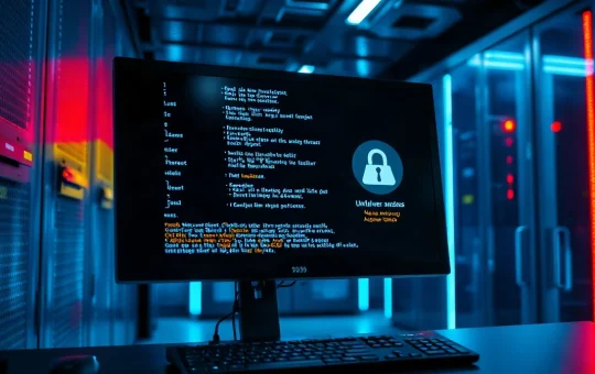 Computer screen showing code with a security warning in a server room, representing an AI agent hijacking a website.