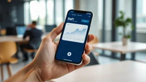 Hand holding a smartphone displaying a DeFi trading interface with charts and swap icons