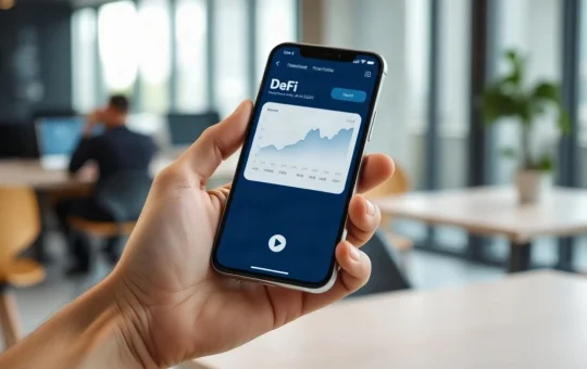 Hand holding a smartphone displaying a DeFi trading interface with charts and swap icons
