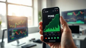Smartphone showing PONS price chart with rising green candlesticks in a professional setting