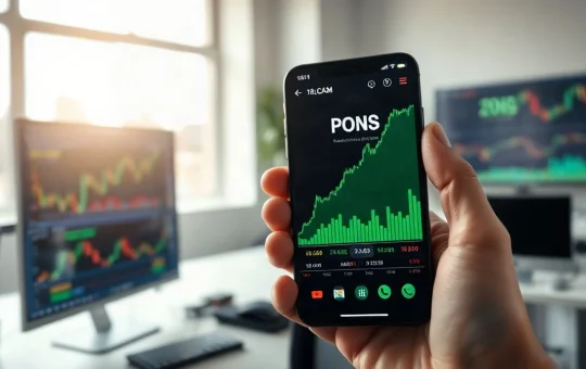 Smartphone showing PONS price chart with rising green candlesticks in a professional setting