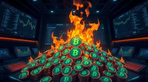 Digital illustration of a large pile of RAIN tokens being burned in a high-tech command center