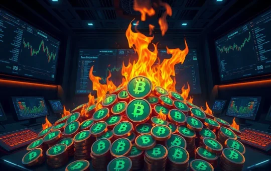 Digital illustration of a large pile of RAIN tokens being burned in a high-tech command center