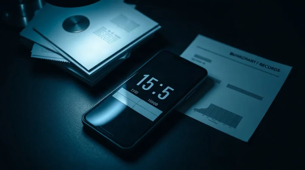 Smartphone on a desk showing a countdown timer beside redacted identity documents, illustrating a crypto ransom deadline