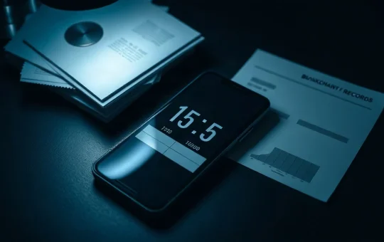 Smartphone on a desk showing a countdown timer beside redacted identity documents, illustrating a crypto ransom deadline