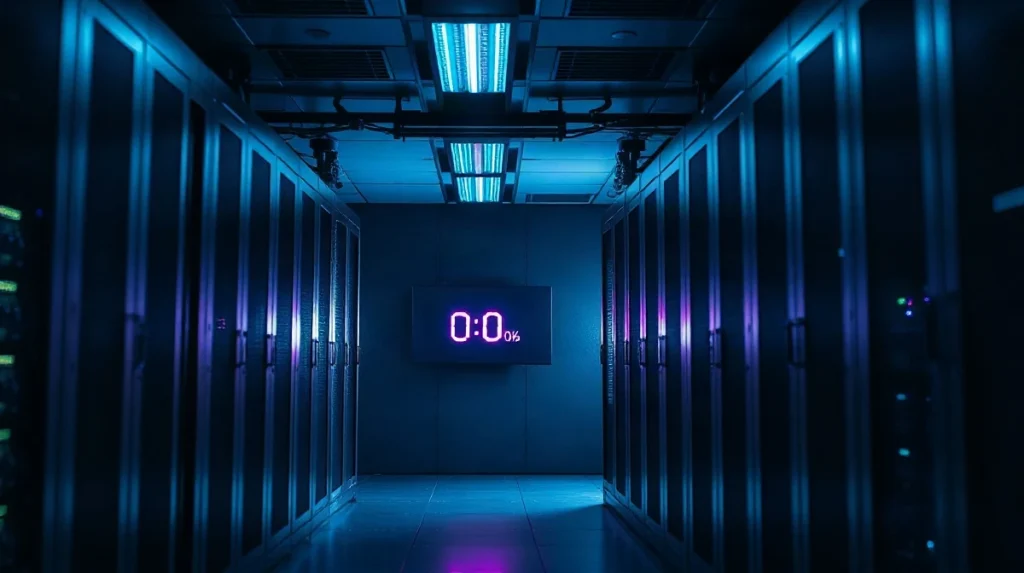 Server room with a countdown screen showing zeros, symbolizing a ransomware attack aftermath.