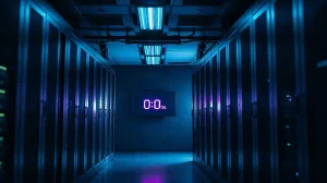 Server room with a countdown screen showing zeros, symbolizing a ransomware attack aftermath.