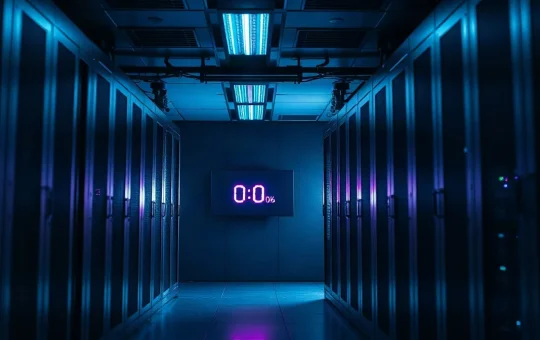 Server room with a countdown screen showing zeros, symbolizing a ransomware attack aftermath.