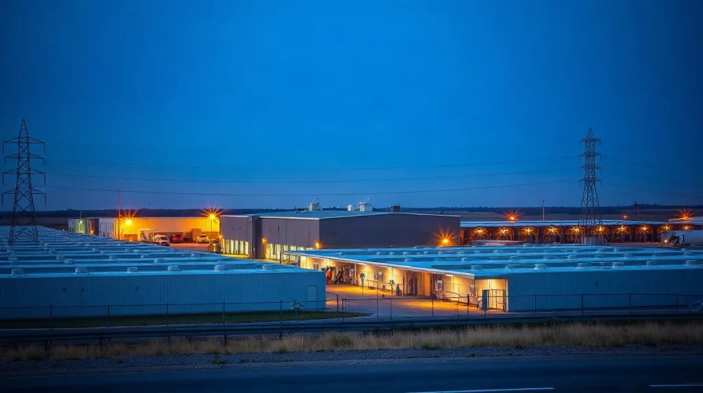 Bitcoin mining and data center buildings at dusk with power lines and substation