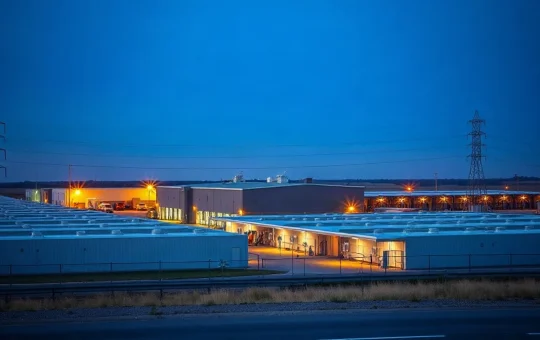 Bitcoin mining and data center buildings at dusk with power lines and substation