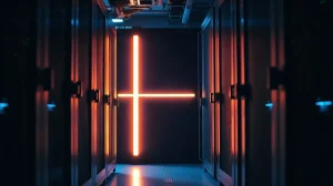 Server racks in a dark data center linked by a glowing strip representing an XRPL payment channel