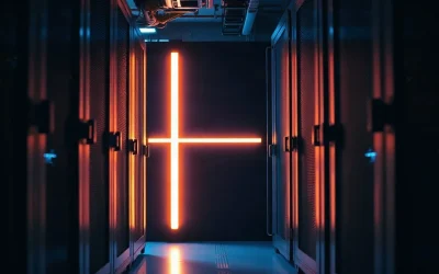 Server racks in a dark data center linked by a glowing strip representing an XRPL payment channel