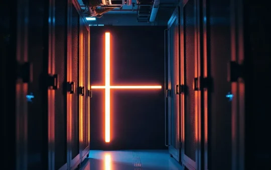 Server racks in a dark data center linked by a glowing strip representing an XRPL payment channel