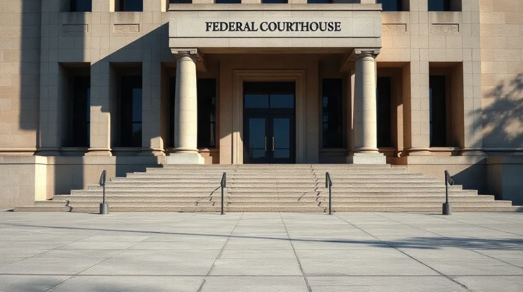 Stone facade and steps of a federal courthouse in daylight, empty foreground