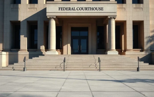 Stone facade and steps of a federal courthouse in daylight, empty foreground