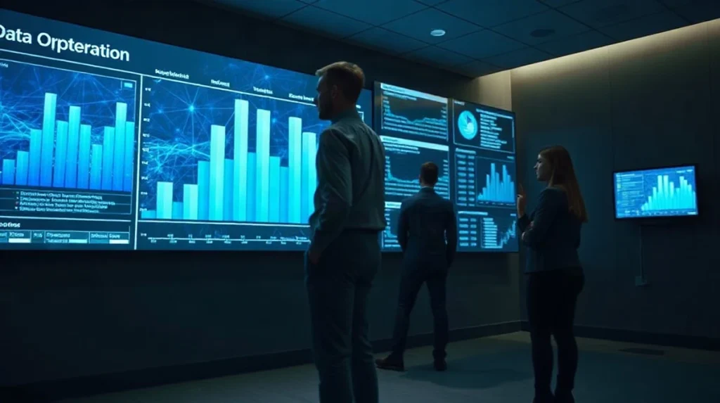 Analysts reviewing blockchain network charts in a dark data operations room