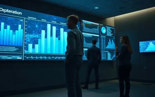 Analysts reviewing blockchain network charts in a dark data operations room