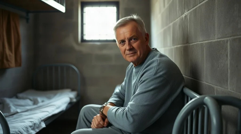 A man in a prison sweatshirt sits on a metal bunk inside a bare cell with a barred window.