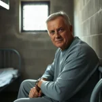 A man in a prison sweatshirt sits on a metal bunk inside a bare cell with a barred window.