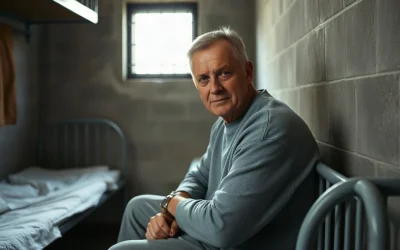 A man in a prison sweatshirt sits on a metal bunk inside a bare cell with a barred window.