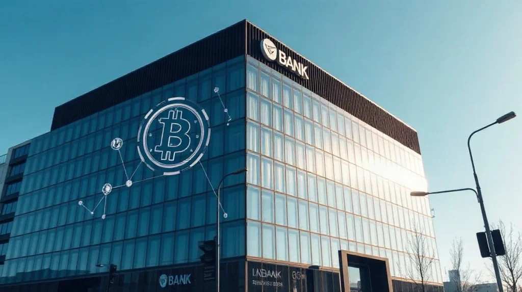 Sberbank headquarters building in Moscow with digital asset theme