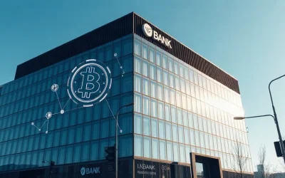 Sberbank headquarters building in Moscow with digital asset theme