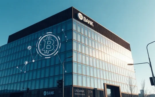 Sberbank headquarters building in Moscow with digital asset theme